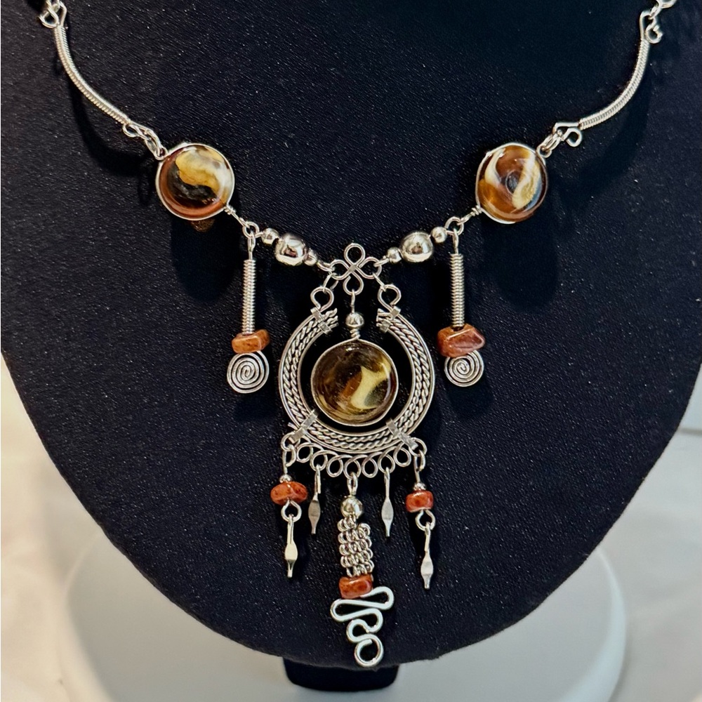 Boho Silver tone and Brown stone Necklace